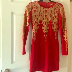 Long sleeves red cocktail dress